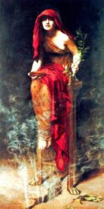 a pythia at delphi, deciding whther fumes are mephitic or prophetic - or both (john collier)