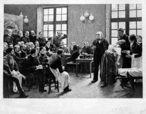 charcot demonstrating hysteria (c. wellcome library)